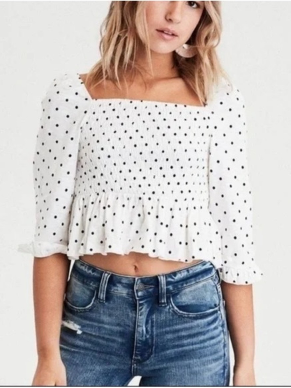 American Eagle Outfitters White Crop Top with Black Polka Dots